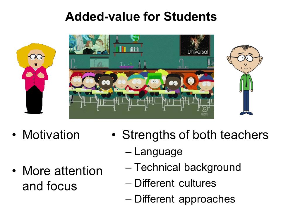 Added-value for Students Motivation More attention and focus Strengths of both teachers –Language –Technical background –Different cultures –Different approaches