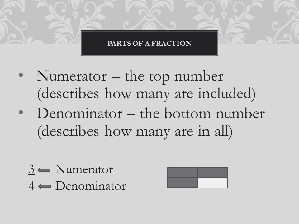 Numerator – the top number (describes how many are included) Denominator – the bottom number (describes how many are in all) 3 Numerator 4 Denominator PARTS OF A FRACTION