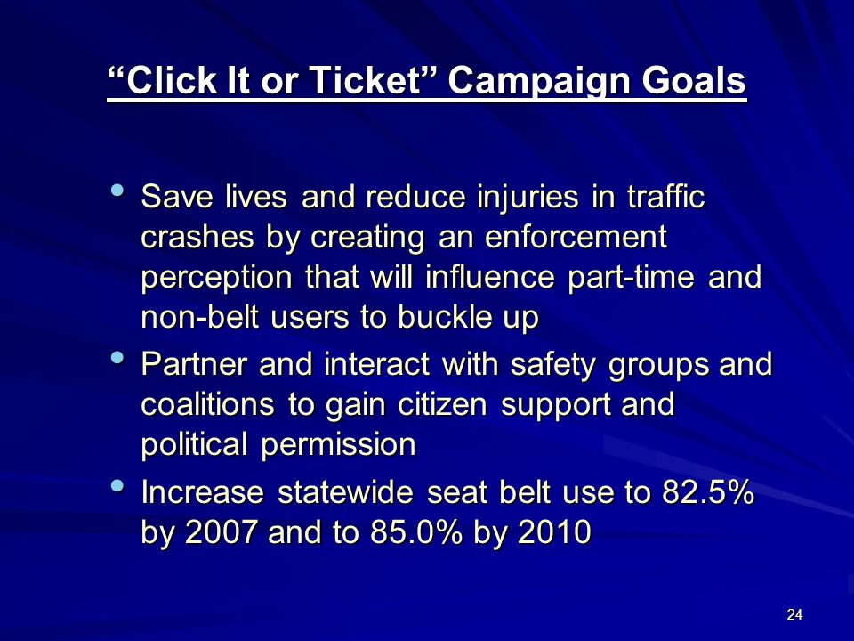 24 Click It or Ticket Campaign Goals Save lives and reduce injuries in traffic crashes by creating an enforcement perception that will influence part-time and non-belt users to buckle up Save lives and reduce injuries in traffic crashes by creating an enforcement perception that will influence part-time and non-belt users to buckle up Partner and interact with safety groups and coalitions to gain citizen support and political permission Partner and interact with safety groups and coalitions to gain citizen support and political permission Increase statewide seat belt use to 82.5% by 2007 and to 85.0% by 2010 Increase statewide seat belt use to 82.5% by 2007 and to 85.0% by 2010