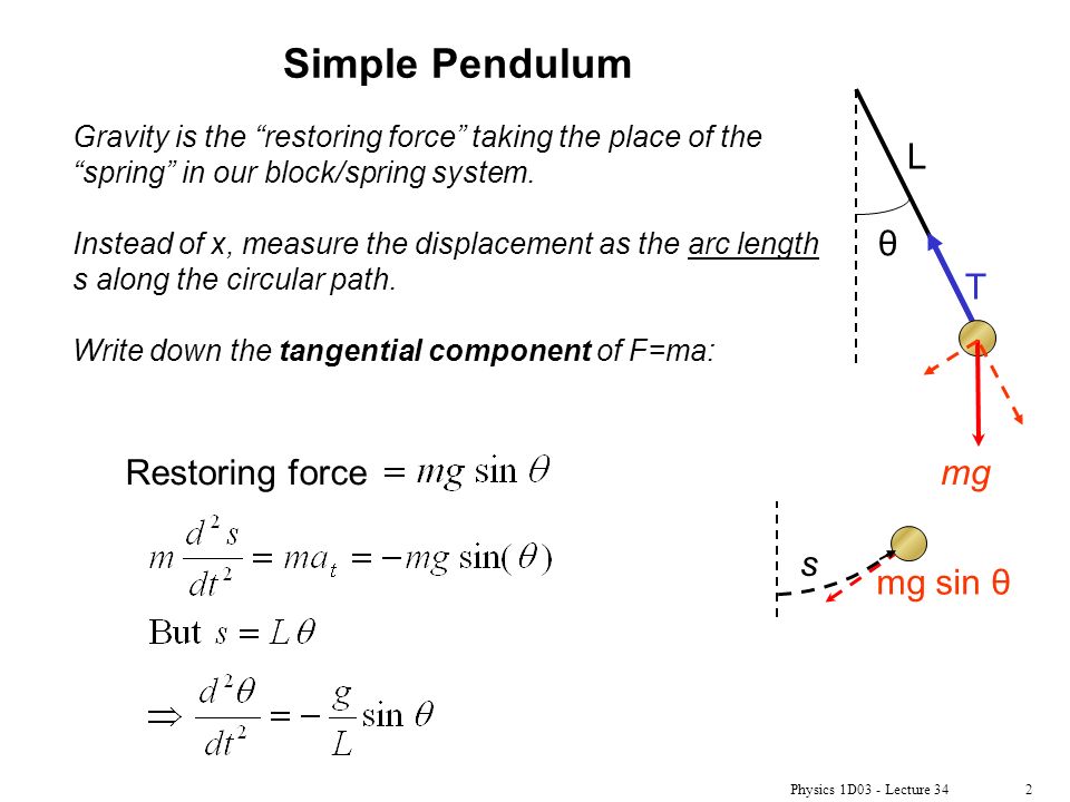 Physics 1D03 - Lecture 342 Simple Pendulum Gravity is the restoring force taking the place of the spring in our block/spring system.