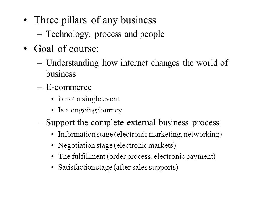 Three pillars of any business –Technology, process and people Goal of course: –Understanding how internet changes the world of business –E-commerce is not a single event Is a ongoing journey –Support the complete external business process Information stage (electronic marketing, networking) Negotiation stage (electronic markets) The fulfillment (order process, electronic payment) Satisfaction stage (after sales supports)