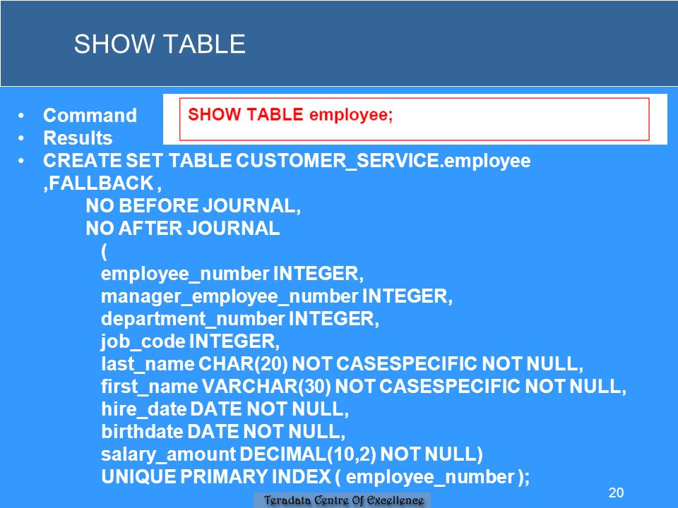 SHOW TABLE Command Results CREATE SET TABLE CUSTOMER_SERVICE.employee,FALLBACK, NO BEFORE JOURNAL, NO AFTER JOURNAL ( employee_number INTEGER, manager_employee_number INTEGER, department_number INTEGER, job_code INTEGER, last_name CHAR(20) NOT CASESPECIFIC NOT NULL, first_name VARCHAR(30) NOT CASESPECIFIC NOT NULL, hire_date DATE NOT NULL, birthdate DATE NOT NULL, salary_amount DECIMAL(10,2) NOT NULL) UNIQUE PRIMARY INDEX ( employee_number ); 20