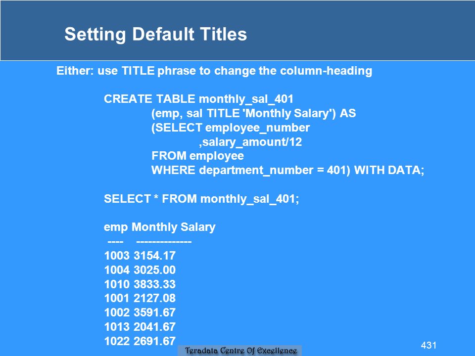 Setting Default Titles Either: use TITLE phrase to change the column-heading CREATE TABLE monthly_sal_401 (emp, sal TITLE Monthly Salary ) AS (SELECT employee_number,salary_amount/12 FROM employee WHERE department_number = 401) WITH DATA; SELECT * FROM monthly_sal_401; emp Monthly Salary