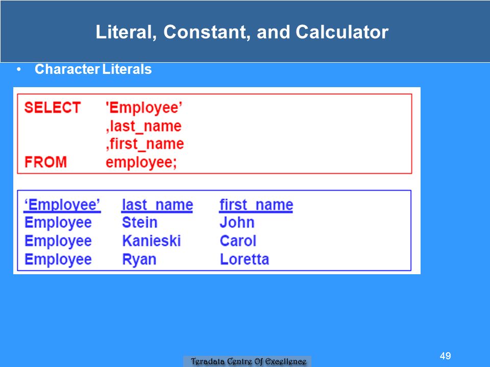 Literal, Constant, and Calculator Character Literals 49