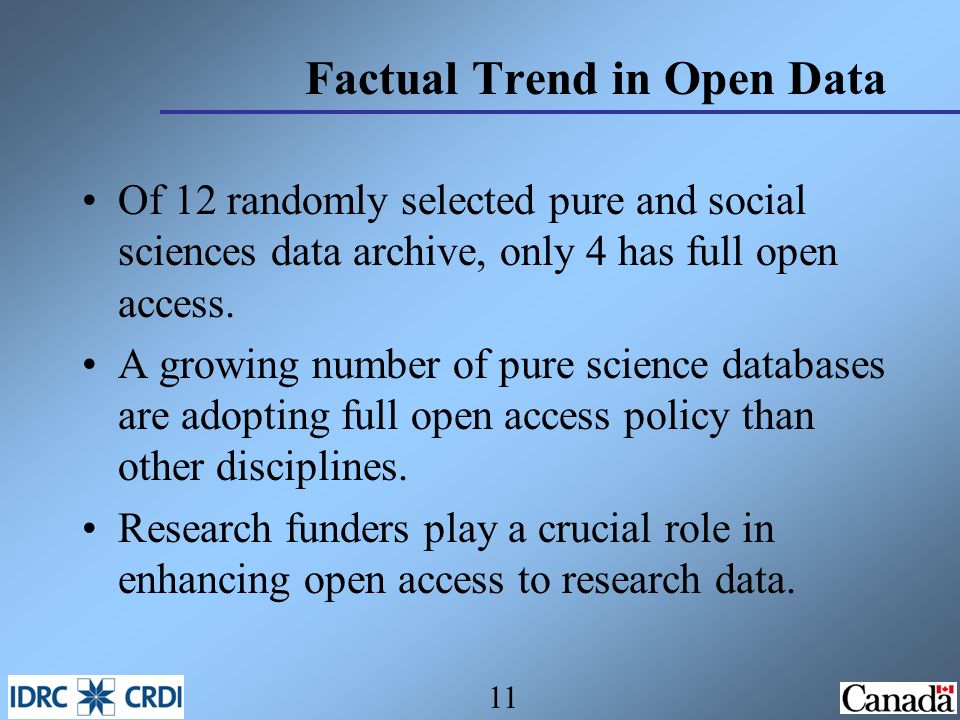Factual Trend in Open Data Of 12 randomly selected pure and social sciences data archive, only 4 has full open access.