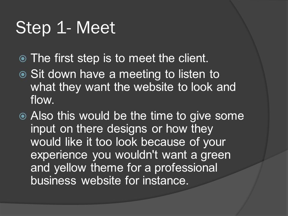 Step 1- Meet  The first step is to meet the client.