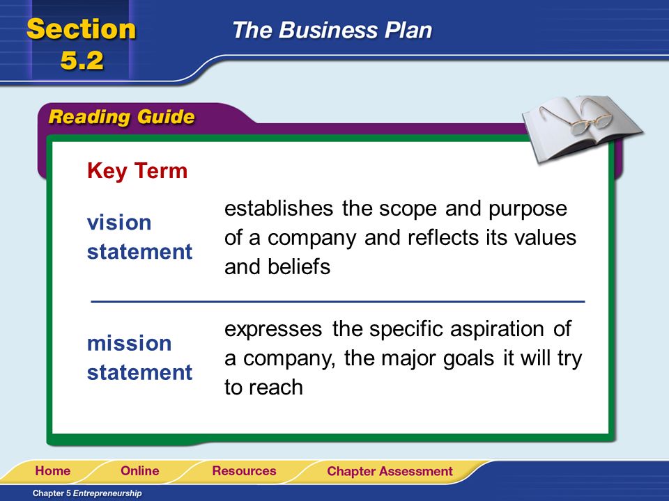 Key Term vision statement establishes the scope and purpose of a company and reflects its values and beliefs mission statement expresses the specific aspiration of a company, the major goals it will try to reach