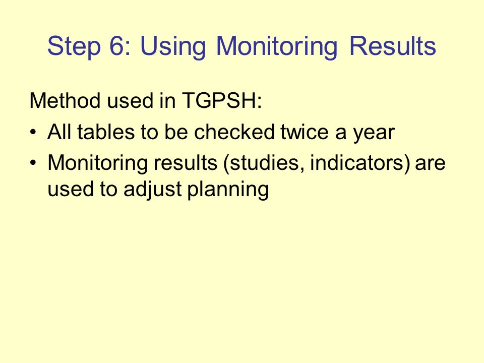 Step 6: Using Monitoring Results Method used in TGPSH: All tables to be checked twice a year Monitoring results (studies, indicators) are used to adjust planning