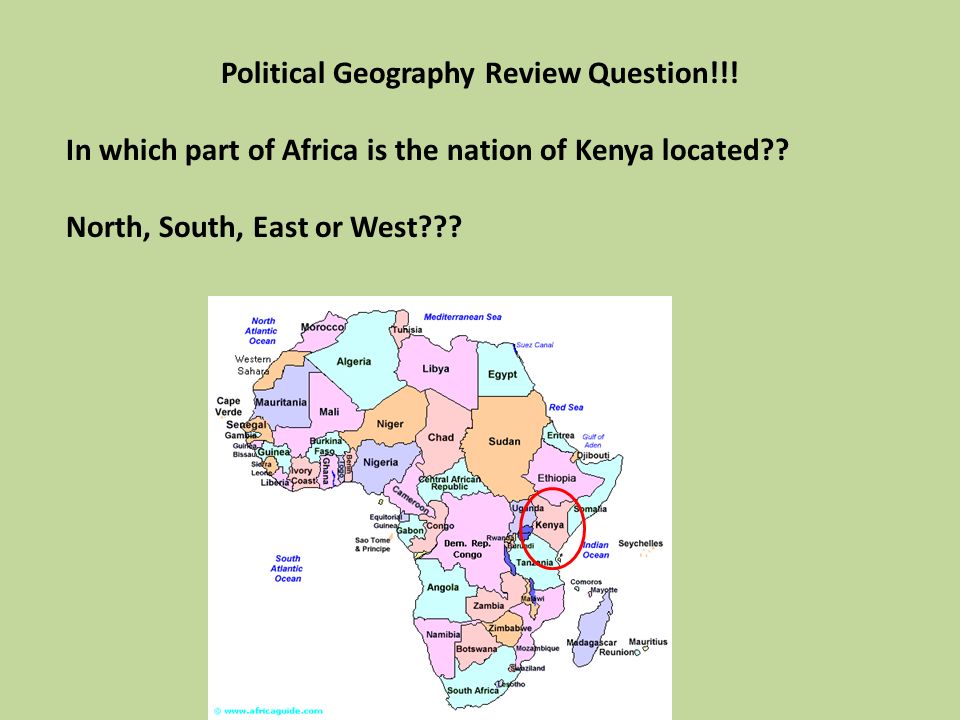 Political Geography Review Question!!. In which part of Africa is the nation of Kenya located .