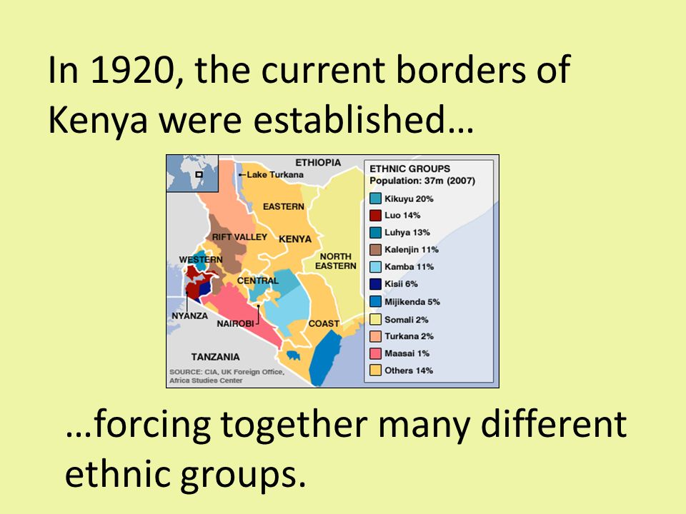 In 1920, the current borders of Kenya were established… …forcing together many different ethnic groups.