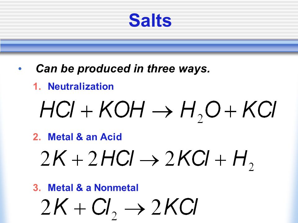 Salts Can be produced in three ways. 1.Neutralization 2.Metal & an Acid 3.Metal & a Nonmetal