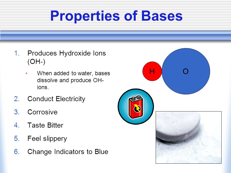 Properties of Bases 1.Produces Hydroxide Ions (OH-) When added to water, bases dissolve and produce OH- ions.