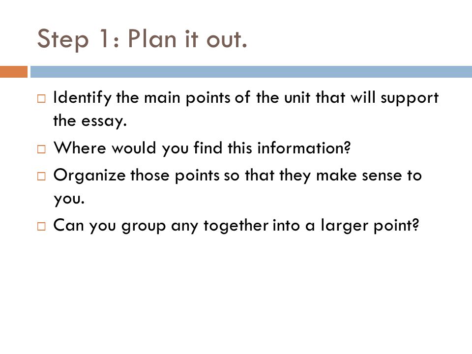 Step 1: Plan it out.  Identify the main points of the unit that will support the essay.