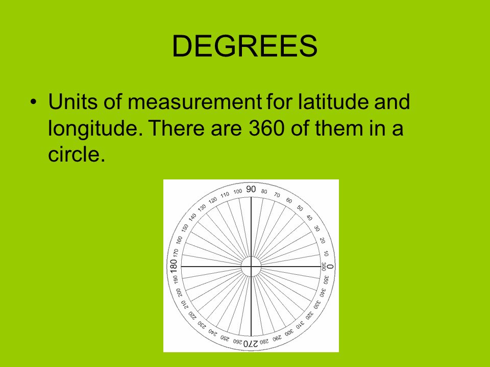 DEGREES Units of measurement for latitude and longitude. There are 360 of them in a circle.