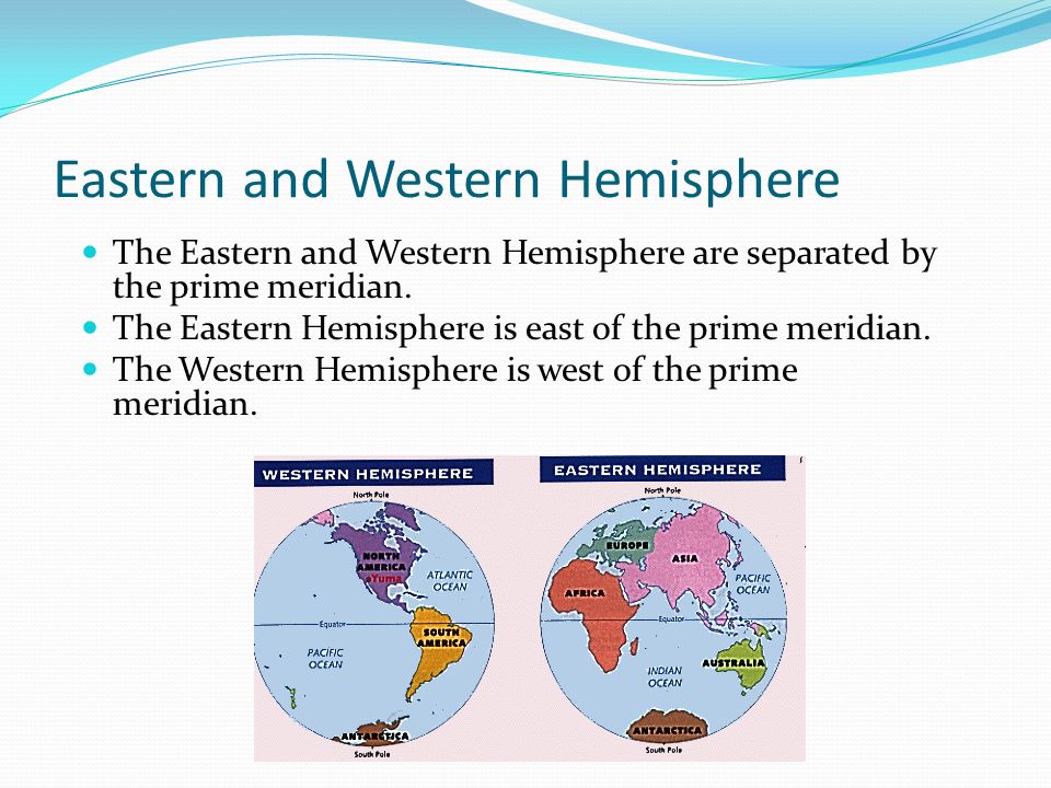 Eastern and Western Hemisphere The Eastern and Western Hemisphere are separated by the prime meridian.