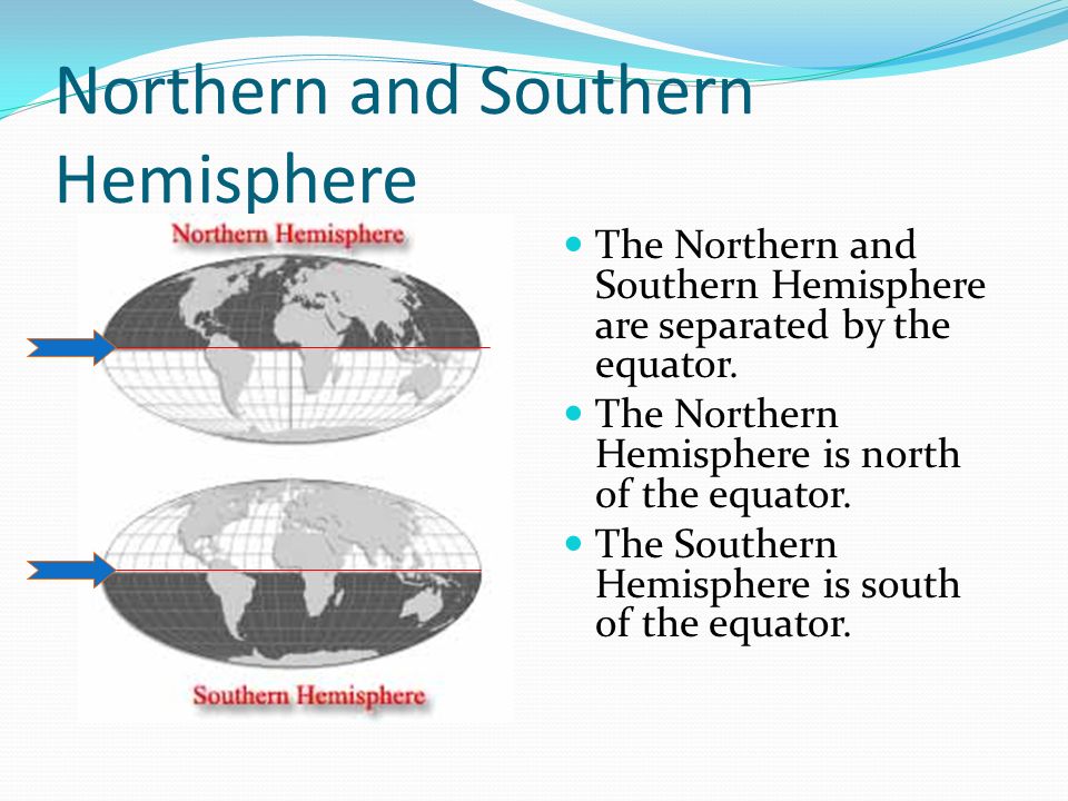 Northern and Southern Hemisphere The Northern and Southern Hemisphere are separated by the equator.