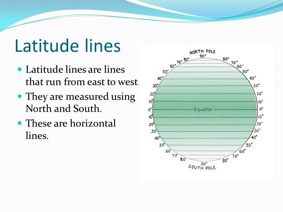 Latitude lines Latitude lines are lines that run from east to west.
