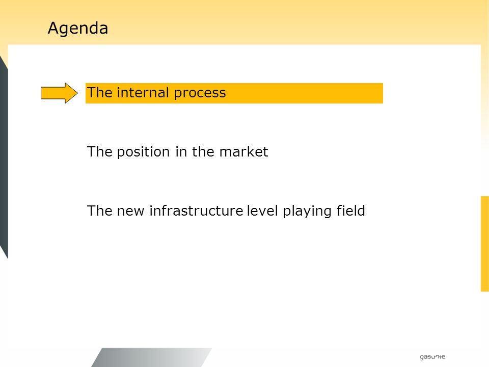 Agenda The internal process The position in the market The new infrastructure level playing field
