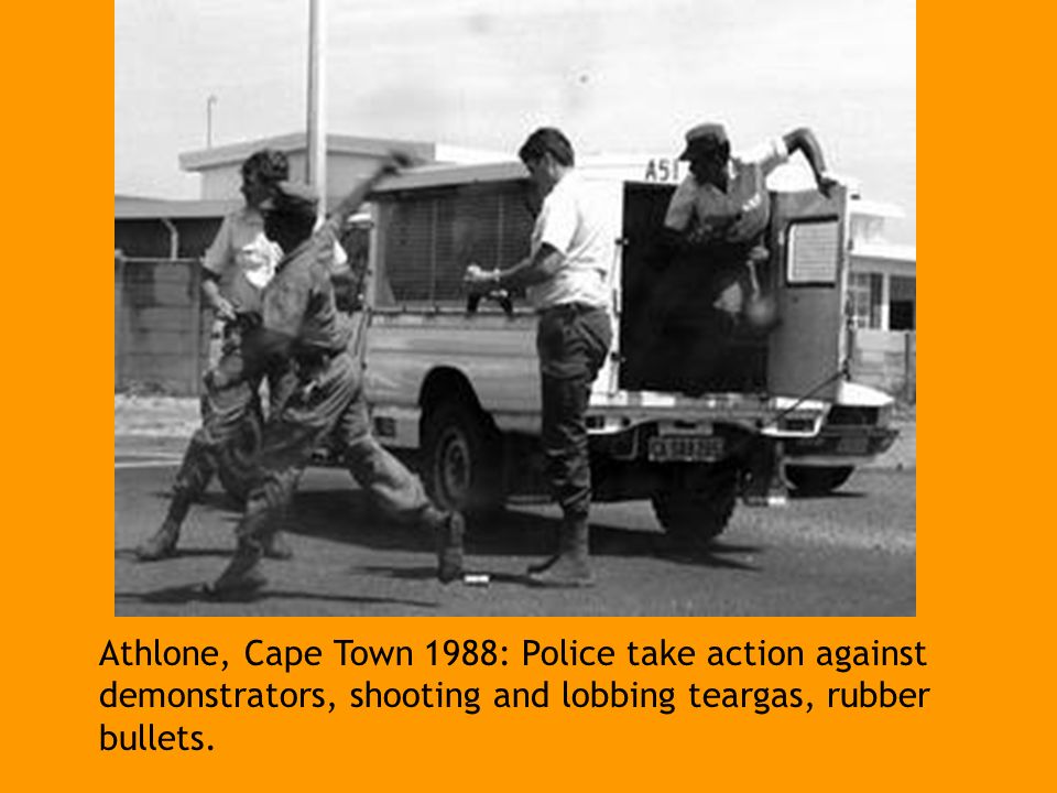 Athlone, Cape Town 1988: Police take action against demonstrators, shooting and lobbing teargas, rubber bullets.