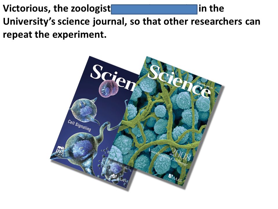 Victorious, the zoologist reports her results in the University’s science journal, so that other researchers can repeat the experiment.