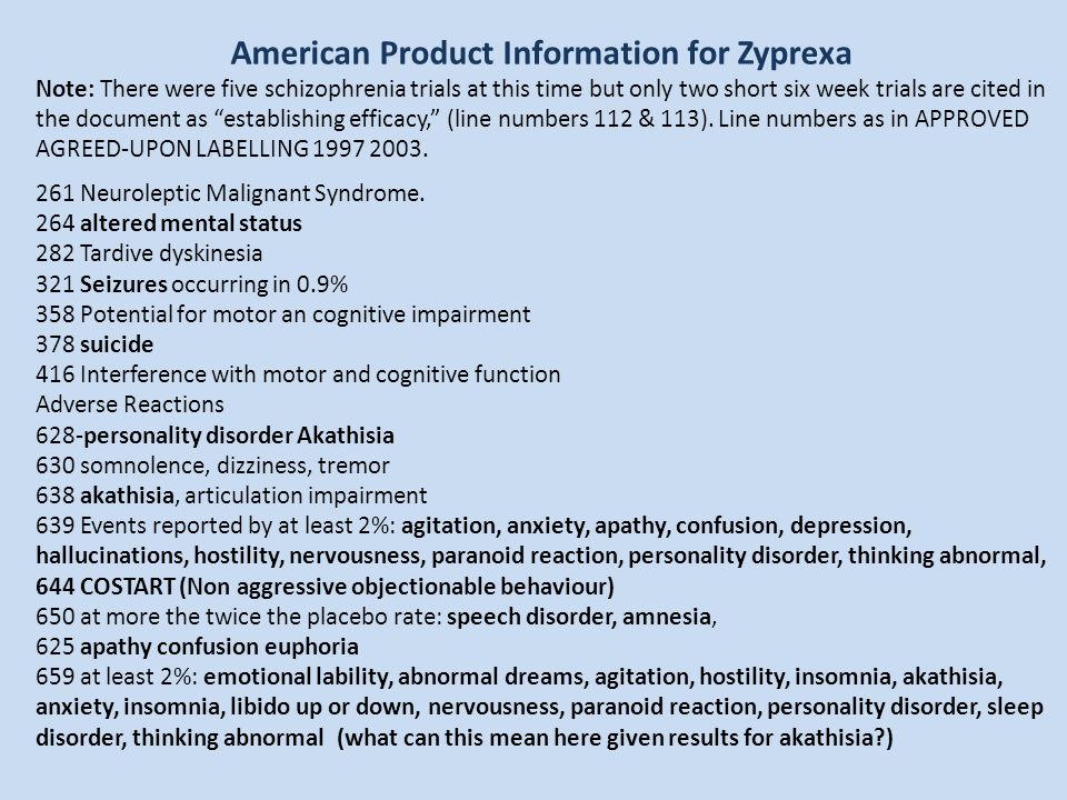 American Product Information for Zyprexa Note: There were five schizophrenia trials at this time but only two short six week trials are cited in the document as establishing efficacy, (line numbers 112 & 113).
