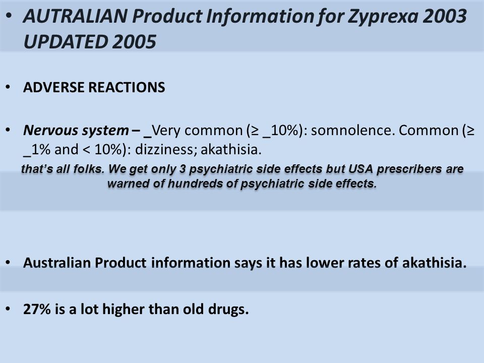 AUTRALIAN Product Information for Zyprexa 2003 UPDATED 2005 ADVERSE REACTIONS Nervous system – _Very common (≥ _10%): somnolence.