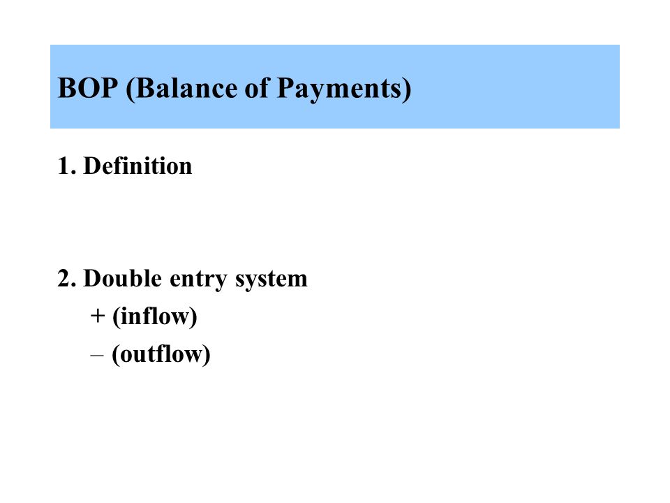 BOP (Balance of Payments) 1. Definition 2. Double entry system + (inflow) –(outflow)