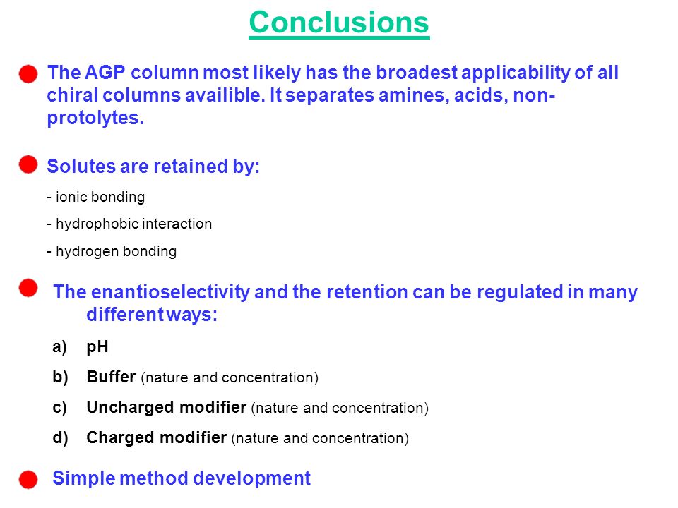 Conclusions The AGP column most likely has the broadest applicability of all chiral columns availible.