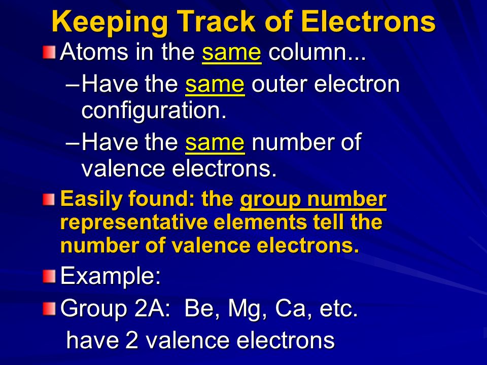 Valence Electrons The electrons responsible for the chemical properties of atoms are those in the outer energy level.