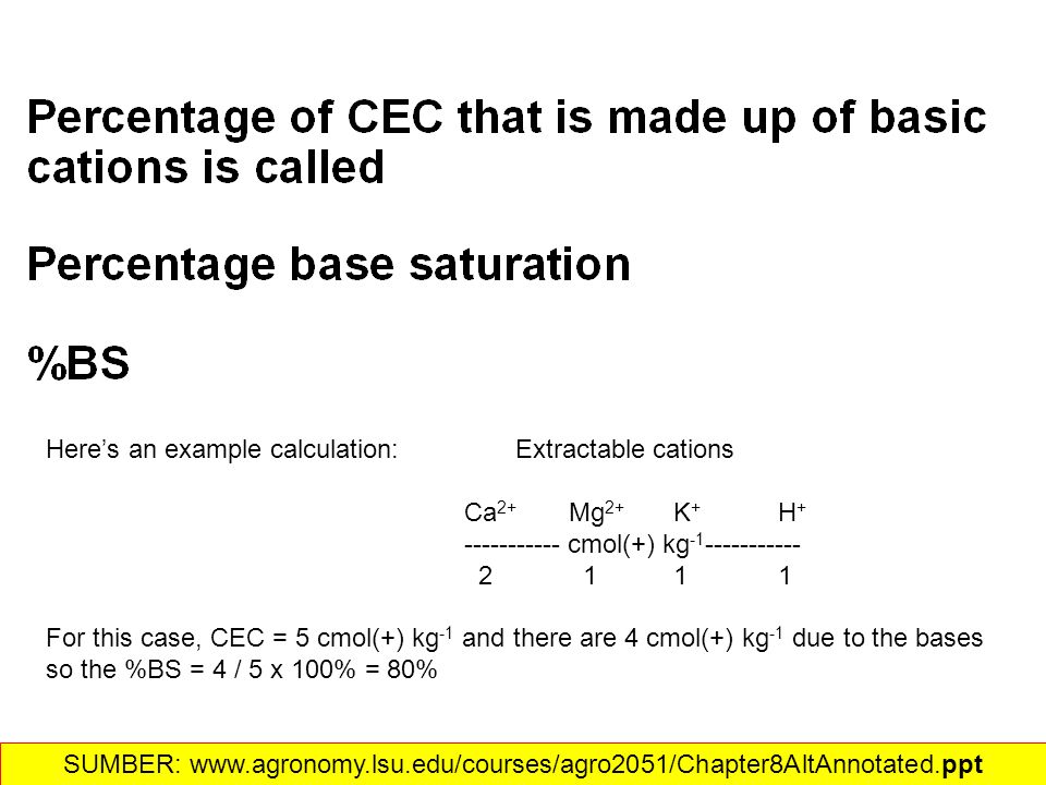 Here’s an example calculation: Extractable cations Ca 2+ Mg 2+ K + H cmol(+) kg For this case, CEC = 5 cmol(+) kg -1 and there are 4 cmol(+) kg -1 due to the bases so the %BS = 4 / 5 x 100% = 80% SUMBER:
