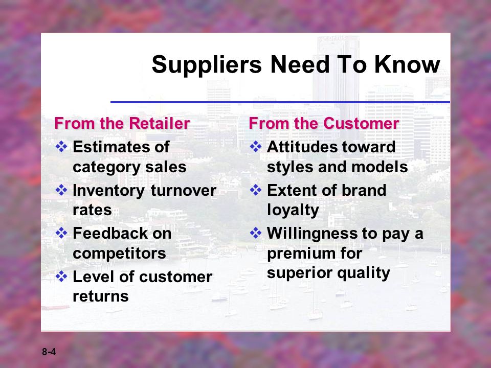 8-4 Suppliers Need To Know From the Retailer  Estimates of category sales  Inventory turnover rates  Feedback on competitors  Level of customer returns From the Customer  Attitudes toward styles and models  Extent of brand loyalty  Willingness to pay a premium for superior quality