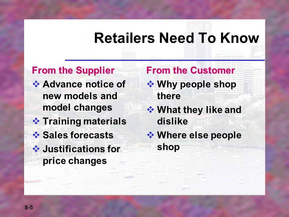 8-5 Retailers Need To Know From the Supplier  Advance notice of new models and model changes  Training materials  Sales forecasts  Justifications for price changes From the Customer  Why people shop there  What they like and dislike  Where else people shop