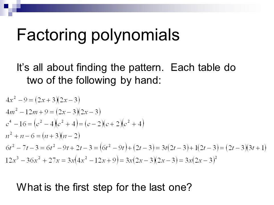 Factoring polynomials It’s all about finding the pattern.
