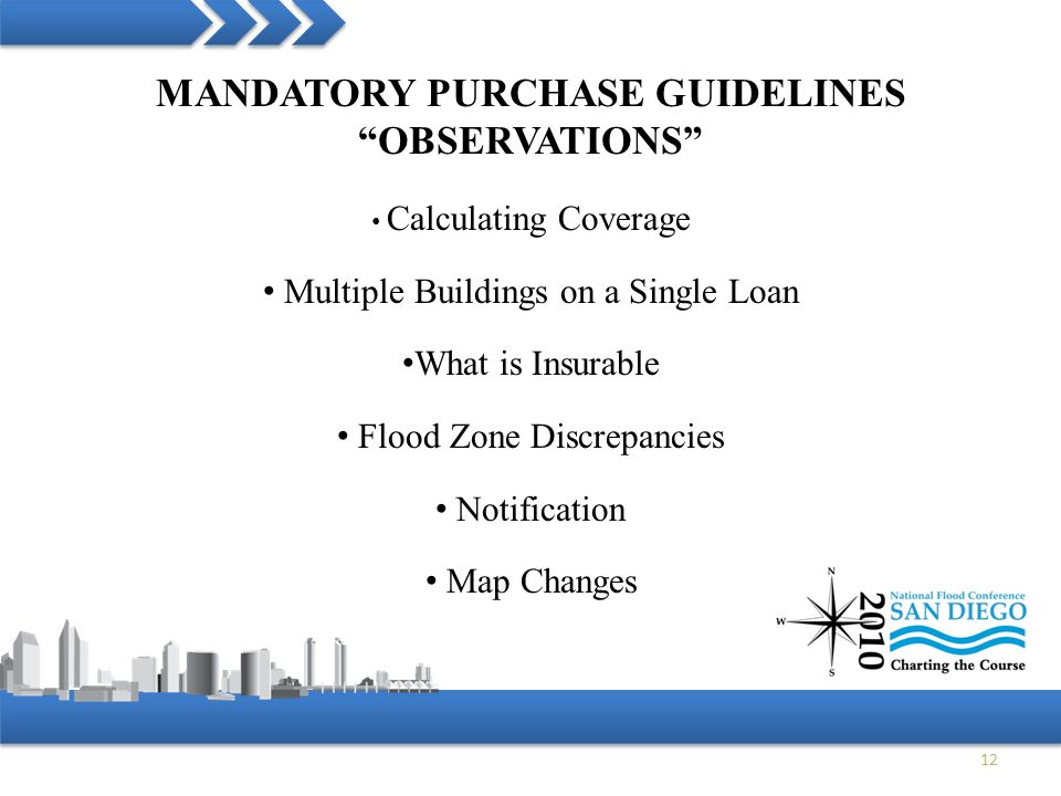 12 Calculating Coverage Multiple Buildings on a Single Loan What is Insurable Flood Zone Discrepancies Notification Map Changes MANDATORY PURCHASE GUIDELINES OBSERVATIONS