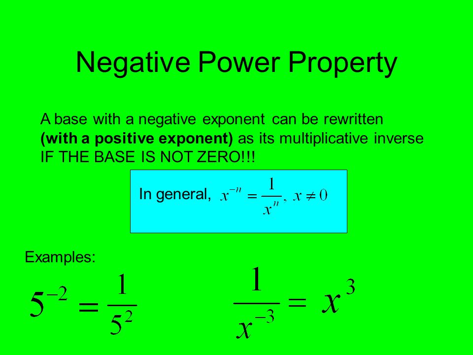 Negative Power Property A base with a negative exponent can be rewritten (with a positive exponent) as its multiplicative inverse IF THE BASE IS NOT ZERO!!.