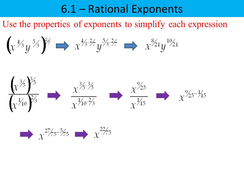 6.1 – Rational Exponents Use the properties of exponents to simplify each expression