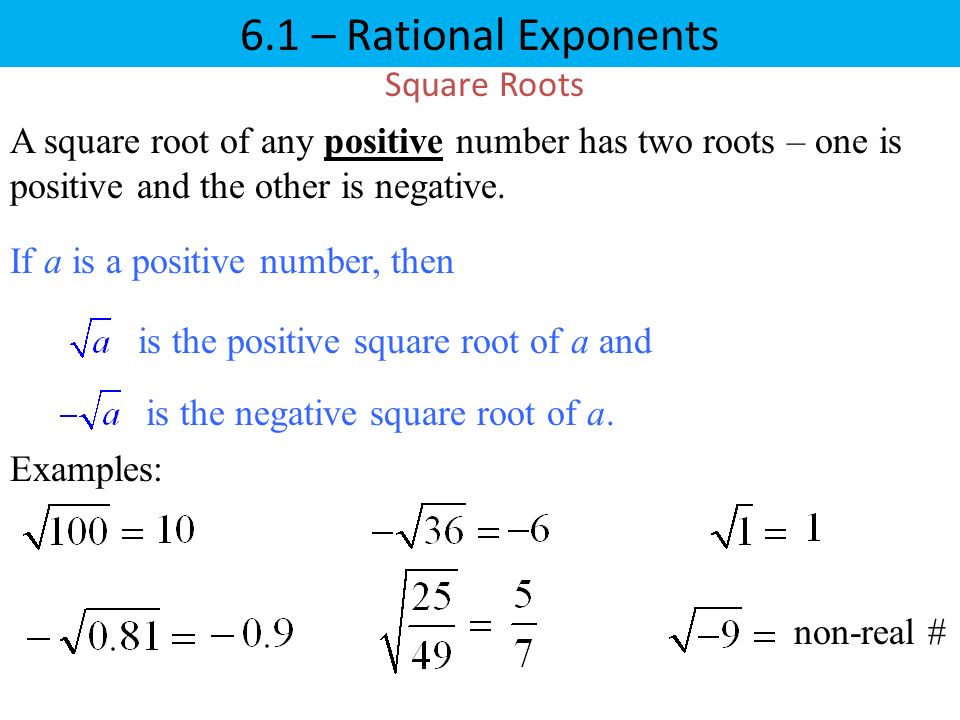 Square Roots If a is a positive number, then is the positive square root of a and is the negative square root of a.