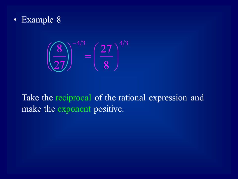 Example 8 Take the reciprocal of the rational expression and make the exponent positive.