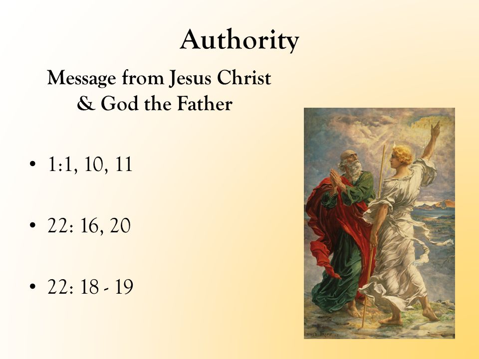 Authority Message from Jesus Christ & God the Father 1:1, 10, 11 22: 16, 20 22: