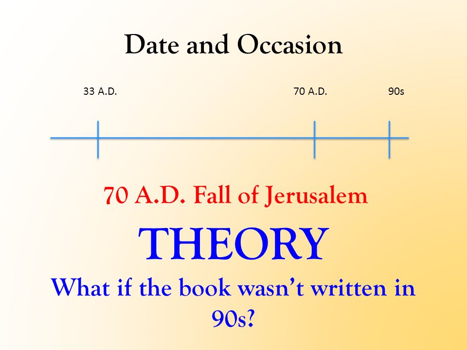 Date and Occasion 33 A.D.90s 70 A.D.