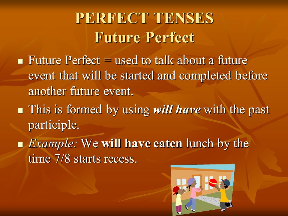 PERFECT TENSES Future Perfect Future Perfect = used to talk about a future event that will be started and completed before another future event.