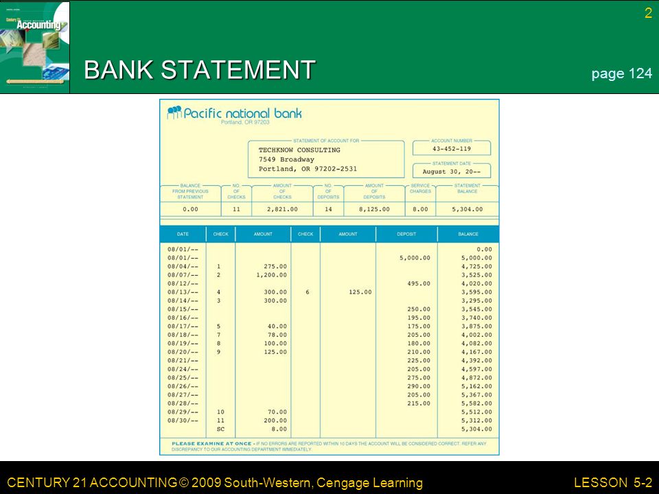 CENTURY 21 ACCOUNTING © 2009 South-Western, Cengage Learning 2 LESSON 5-2 BANK STATEMENT page 124