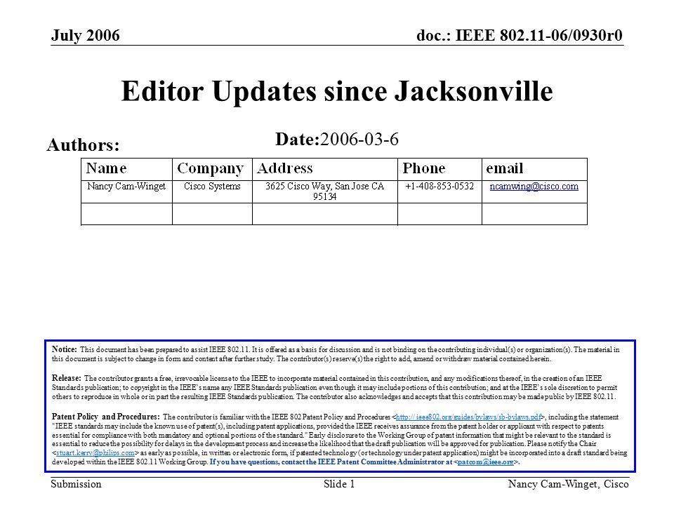 doc.: IEEE /0930r0 Submission July 2006 Nancy Cam-Winget, Cisco Slide 1 Editor Updates since Jacksonville Notice: This document has been prepared to assist IEEE