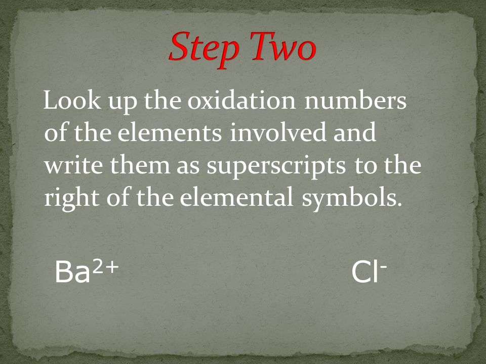 Look up the oxidation numbers of the elements involved and write them as superscripts to the right of the elemental symbols.