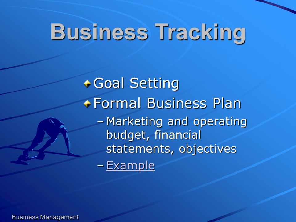 Goal Setting Formal Business Plan –Marketing and operating budget, financial statements, objectives –Example Example Business Tracking Business Management