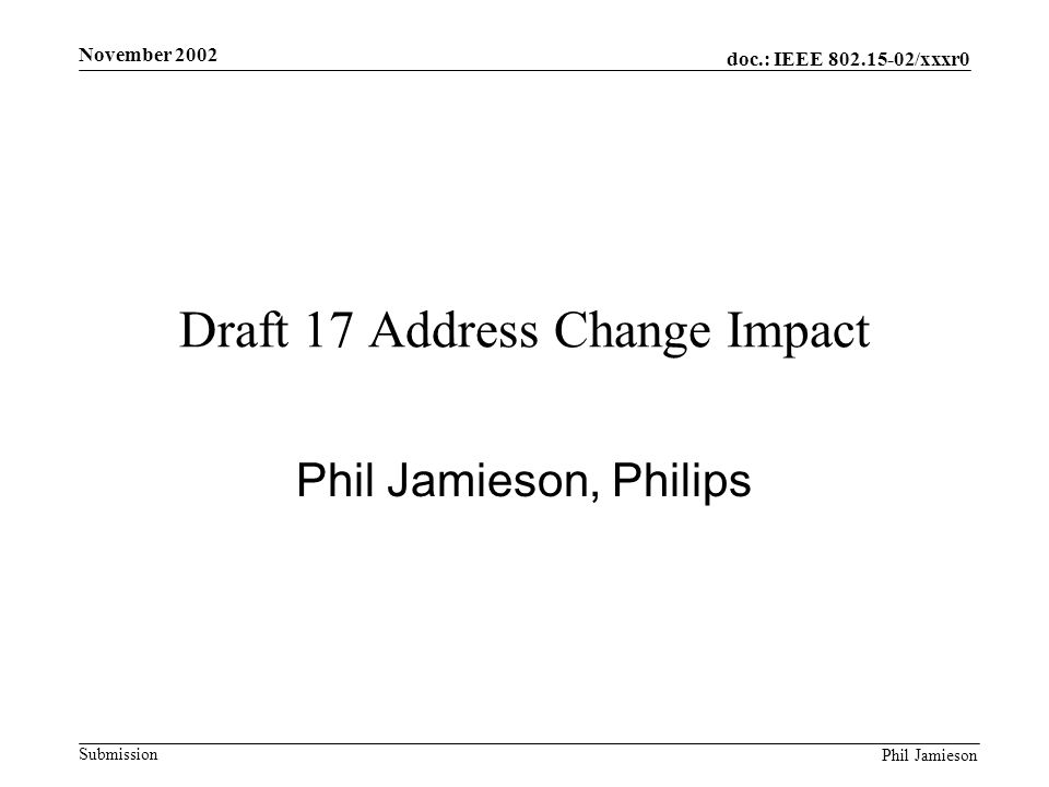 doc.: IEEE /xxxr0 Submission Phil Jamieson November 2002 Draft 17 Address Change Impact Phil Jamieson, Philips