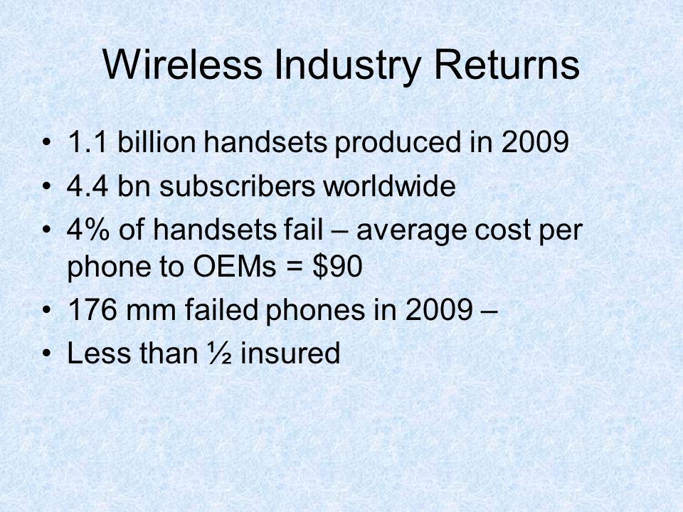 Wireless Industry Returns 1.1 billion handsets produced in bn subscribers worldwide 4% of handsets fail – average cost per phone to OEMs = $ mm failed phones in 2009 – Less than ½ insured