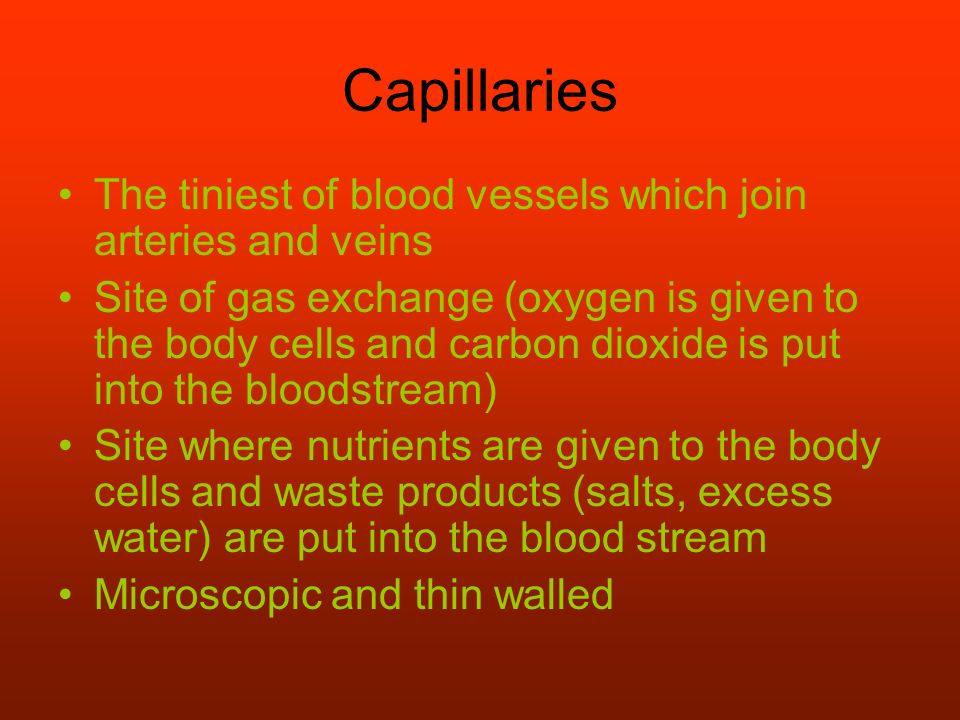 Capillaries The tiniest of blood vessels which join arteries and veins Site of gas exchange (oxygen is given to the body cells and carbon dioxide is put into the bloodstream) Site where nutrients are given to the body cells and waste products (salts, excess water) are put into the blood stream Microscopic and thin walled