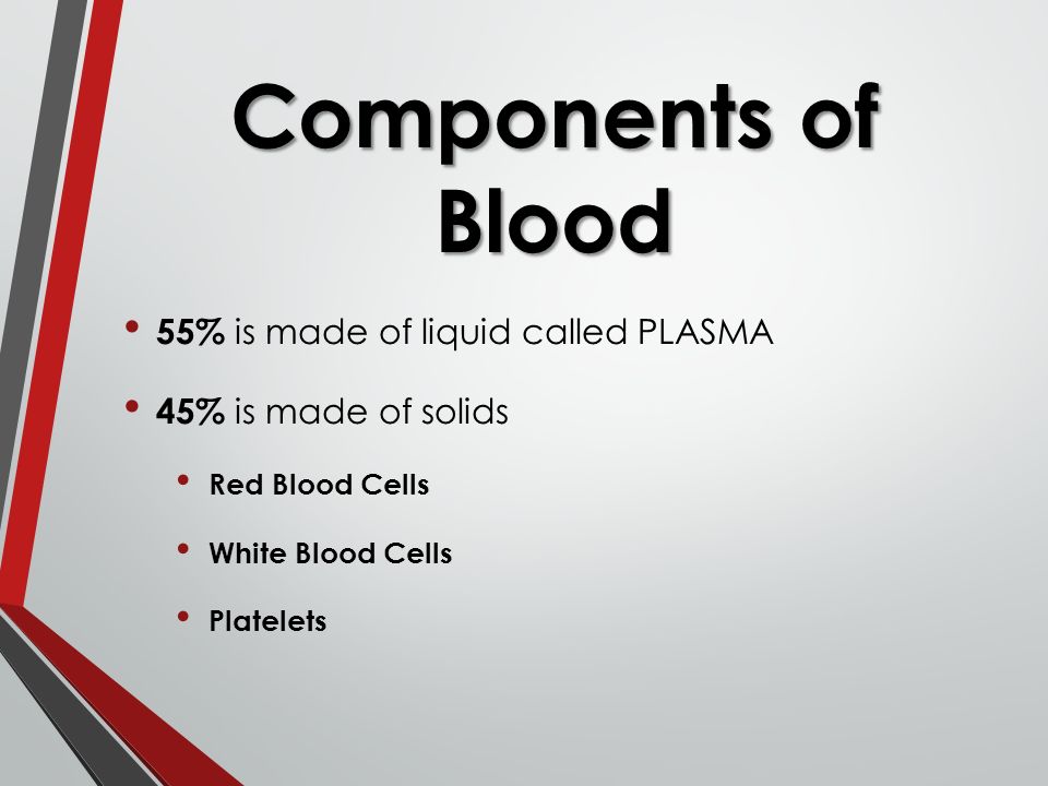 55% is made of liquid called PLASMA 45% is made of solids Red Blood Cells White Blood Cells Platelets