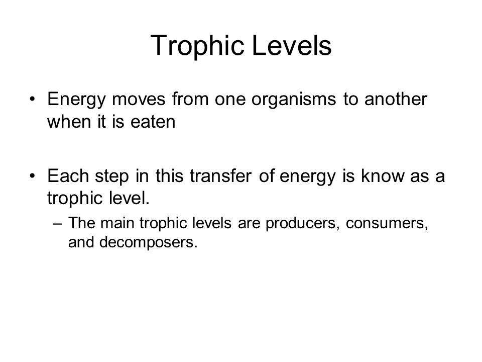 Energy moves from one organisms to another when it is eaten Each step in this transfer of energy is know as a trophic level.